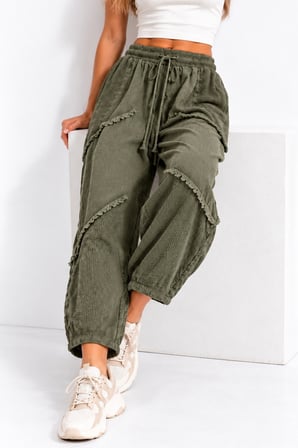 Haki Bohem Stil Püsküllü Keten Pantolon