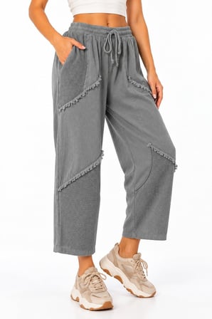 Gri Bohem Stil Püsküllü Keten Pantolon