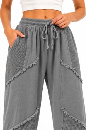 Gri Bohem Stil Püsküllü Keten Pantolon