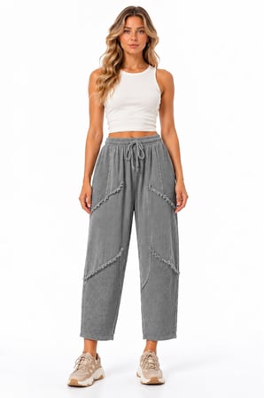 Gri Bohem Stil Püsküllü Keten Pantolon