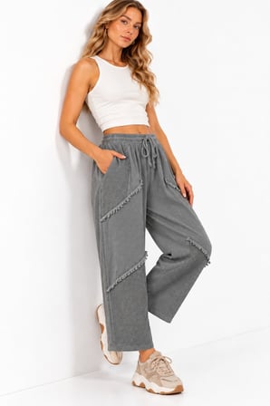 Gri Bohem Stil Püsküllü Keten Pantolon