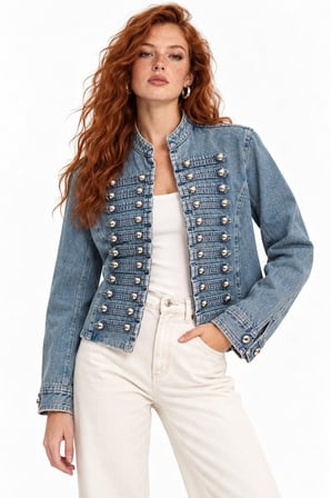 Mavi Gold Düğme Detaylı Askeri Stil Denim Ceket
