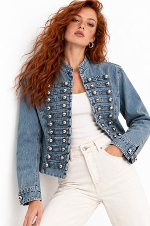 Mavi Gold Düğme Detaylı Askeri Stil Denim Ceket