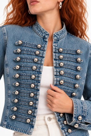 Mavi Gold Düğme Detaylı Askeri Stil Denim Ceket