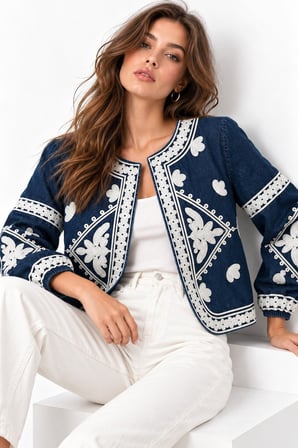 Lacivert İşleme Detaylı Bisiklet Yaka Denim Ceket