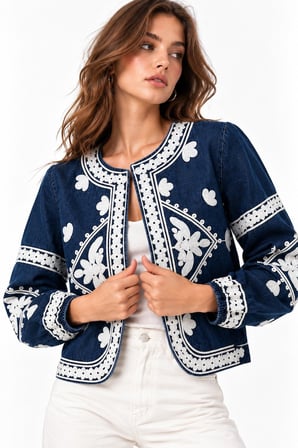 Lacivert İşleme Detaylı Bisiklet Yaka Denim Ceket