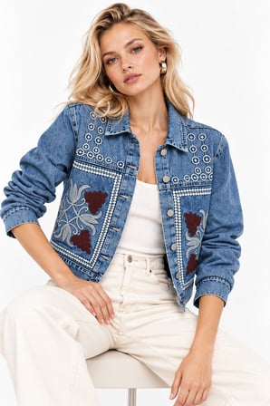 Mavi İşleme Detaylı Gömlek Yaka Denim Ceket