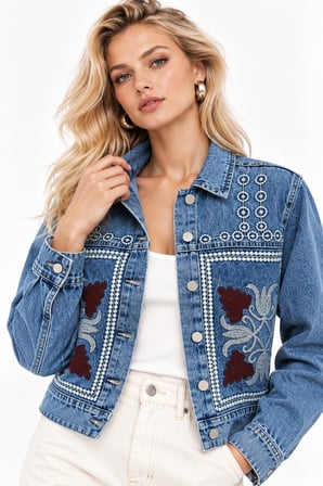 Mavi İşleme Detaylı Gömlek Yaka Denim Ceket