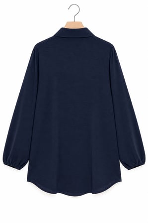 Siyah-Koyu Lacivert Kadın Gömlek Yaka Ahşap Düğmeli Kolağzı Lastikli Aerobin Dokuma Tunik - Regular Fit / 2li Paket