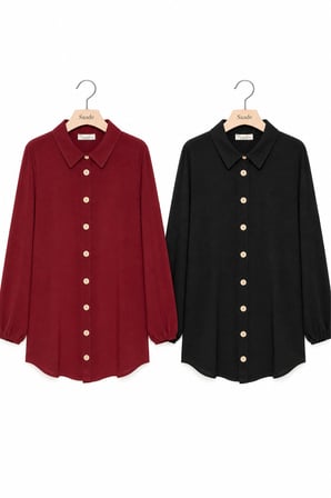 Siyah-Bordo Kadın Gömlek Yaka Ahşap Düğmeli Kolağzı Lastikli Aerobin Dokuma Tunik - Regular Fit / 2li Paket