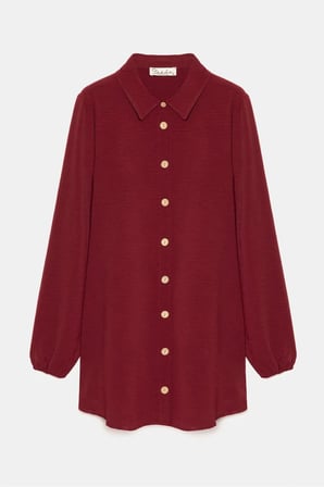 Siyah-Bordo Kadın Gömlek Yaka Ahşap Düğmeli Kolağzı Lastikli Aerobin Dokuma Tunik - Regular Fit / 2li Paket