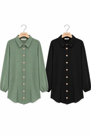 Siyah-Haki Kadın Gömlek Yaka Ahşap Düğmeli Kolağzı Lastikli Aerobin Dokuma Tunik - Regular Fit / 2li Paket