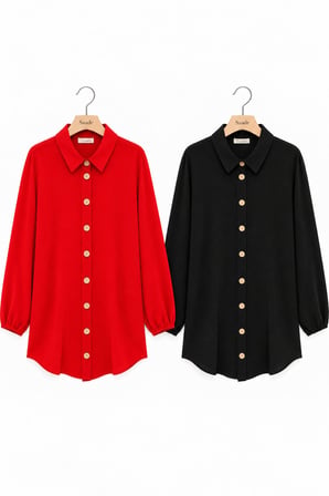 Siyah-Kırmızı Kadın Gömlek Yaka Ahşap Düğmeli Kolağzı Lastikli Aerobin Dokuma Tunik - Regular Fit / 2li Paket