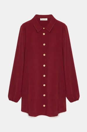 Bordo-Lacivert Kadın Gömlek Yaka Ahşap Düğmeli Kolağzı Lastikli Aerobin Dokuma Tunik - Regular Fit / 2li Paket