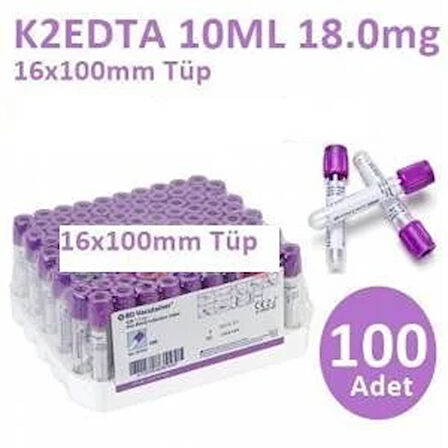 Medikalcim 100 Adet Kan Alma Tüpü, Mor Kapak, K2E K2EDTA 10ml 18mg 16x100mm, Bd Vacutainer