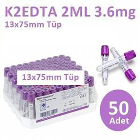 Medikalcim 50 Adet Kan Alma Tüpü, Mor Kapak, K2E K2EDTA 2ml 3.6mg 13x75mm, Bd Vacutainer