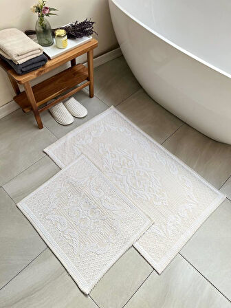 Raya Damask  Doğal Pamuklu 2'li Banyo Paspas Seti 60x100+50x60 Cm - Beyaz