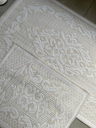 Raya Damask  Doğal Pamuklu 2'li Banyo Paspas Seti 60x100+50x60 Cm - Beyaz