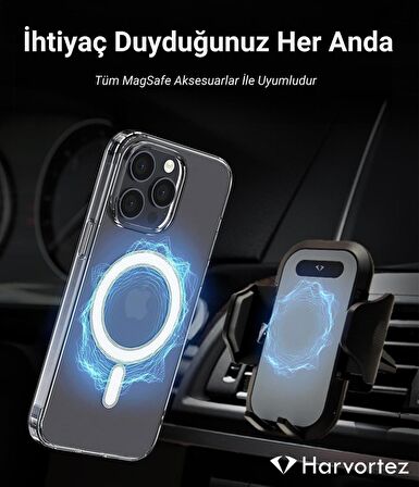 HARVORTEZ iPhone 13 Pro Max MagSafe Uyumlu Güçlü Manyetik Kılıf, PC Çevre Dostu Malzeme, Logo Görünür Kapak, TamUyumlu, Köşe Darbe Emicili Zarif Case (Şeffaf)