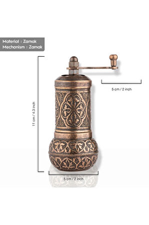 Bakır Renk Zamak Karabiber El Değirmeni Öğütücü Grinder 11 Cm