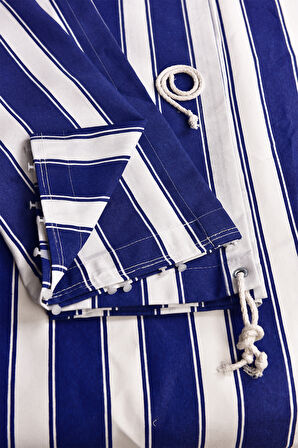 Kalın Düğmeli Kuş Gözlü Bağcık Hediyeli Balkon Perdesi Mavi-beyaz