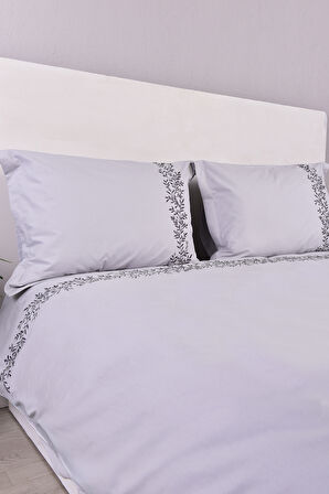 Yaprak İşlemeli Çift Kişilik Nevresim Takımı Gri %100 Pamuk