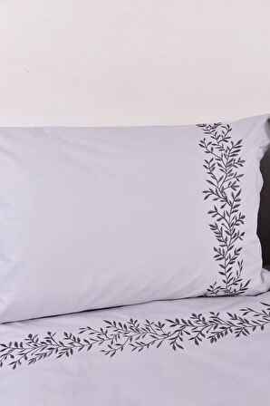 Yaprak İşlemeli Çift Kişilik Nevresim Takımı Gri %100 Pamuk