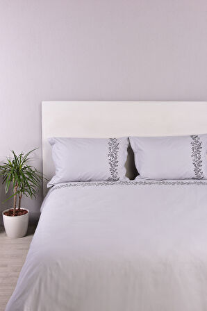 Yaprak İşlemeli Çift Kişilik Nevresim Takımı Gri %100 Pamuk