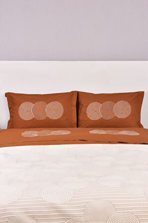 Dairesel İşlemeli Çift Kişilik Yatak Örtülü Nevresim Takımı Taba %100 Pamuk