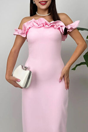 Arlina Madonna Yaka Göğüs Büzgülü Uzun Pembe Abiye Elbise