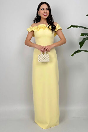 Arlina Madonna Yaka Göğüs Büzgülü Uzun Sarı Abiye Elbise