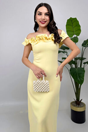 Arlina Madonna Yaka Göğüs Büzgülü Uzun Sarı Abiye Elbise