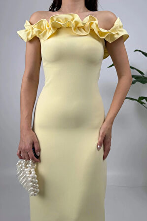 Arlina Madonna Yaka Göğüs Büzgülü Uzun Sarı Abiye Elbise