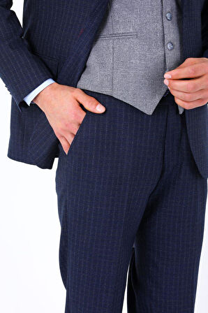 Slim Fit Viskon Karışımlı Yelekli Erkek Takım Elbise - Modern Kesim