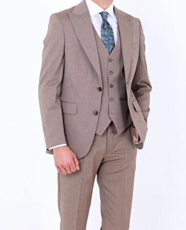 Slim Fit Yelekli Erkek Takım Elbise - Viskon Karışımlı Dört Mevsim Kullanılabilir