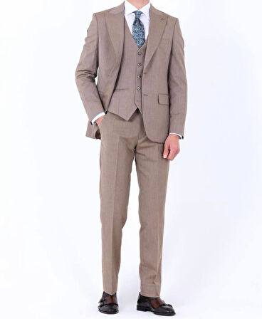 Slim Fit Yelekli Erkek Takım Elbise - Viskon Karışımlı Dört Mevsim Kullanılabilir