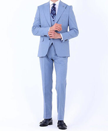 Slim Fit Yelekli Erkek Takım Elbise - Viskon Karışımlı Dört Mevsim Kullanılabilir