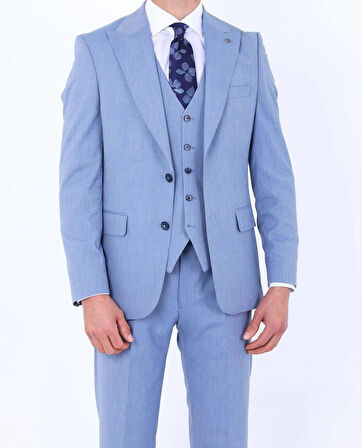 Slim Fit Yelekli Erkek Takım Elbise - Viskon Karışımlı Dört Mevsim Kullanılabilir