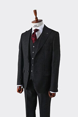 Slim Fit Viskon Karışımlı Yelekli Erkek Takım Elbise - Dört Mevsim