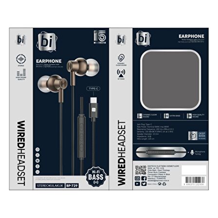 BİPOWER BP-729 TYPE-C KULAKİÇİ KABLOLU KULAKLIK SİYAH