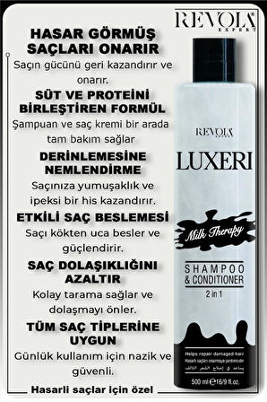 Revola Luxeri 2'si 1 Arada Şampuan ve Kondisyoner Yıpranmış Saçlar İçin Onarıcı 500 Ml Milk Therapy