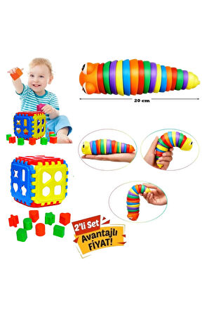 Eğitici Esnek Sök Tak Tırtıl 20 cm + Bultak 14 Parça 2'Li Set