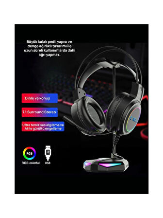 (OUTLET) Claw's Sonic V1 Rgb Spectrum 7.1 Surround Ses - Ai ile Gürültü Engelleyen Mikrofon - USB Kablolu Gaming Oyuncu Kulaklığı - Siyah