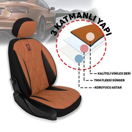 Minderland FA Serisi - Renault Grand Scenic ile uyumlu Koltuk Kılıfı, Deri / Taba