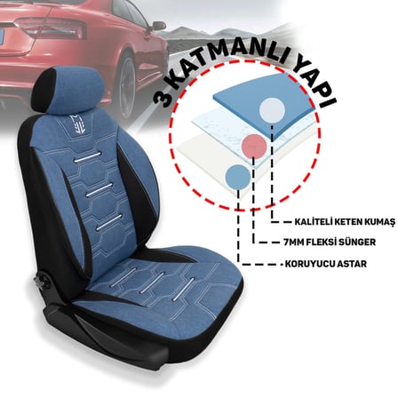 Minderland FA Serisi - Nissan Pulsar ile uyumlu Koltuk Kılıfı, Keten / Mavi Melanj