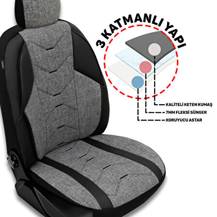 Verita Elegance Serisi - Citroen C3 Aircross ile uyumlu Koltuk Kılıfı, Keten-Deri / Gri