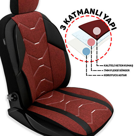 Verita Elegance Serisi - Mazda Mazda3 ile uyumlu Koltuk Kılıfı, Keten-Deri / Bordo