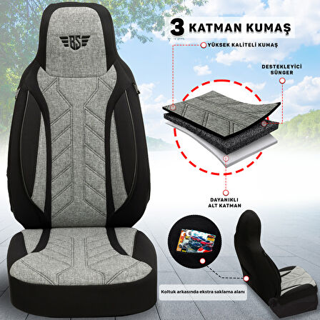 PLKT Serisi Volkwagen Crafter California  2017 ve Sonrası ile Uyumlu Pilot Oto Koltuk Kılıfı, Gri/Siyah