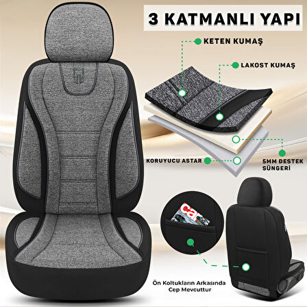 City Serisi KIA Stonic 2017-2019 ile Uyumlu Koltuk Kılıfı, Gri-Siyah