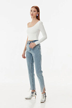 Taşlı Yüksek Bel Straight Fit Jean Pantolon